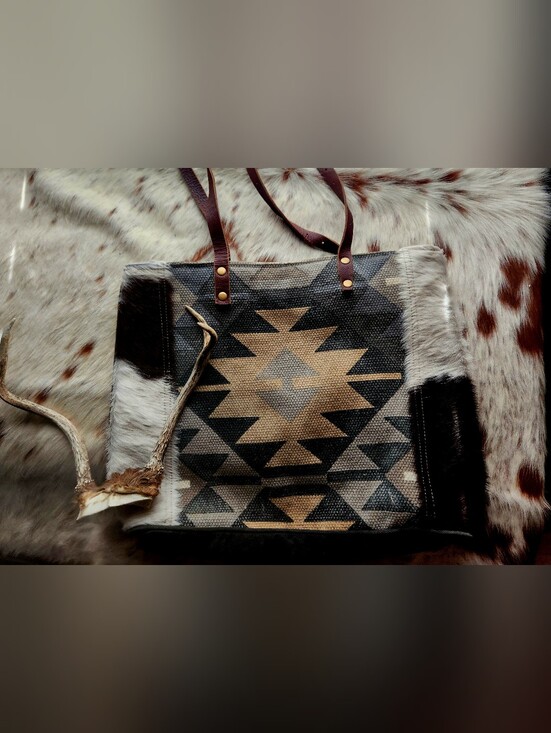 Myra Bag Handbags - Southwestern Geometric Tote in Brown & Black with Leather Straps